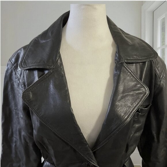 WILSONS Vintage Black Leather Peplum Jacket Belted Cinch Back L RN69426 80s 90s - Picture 3 of 13